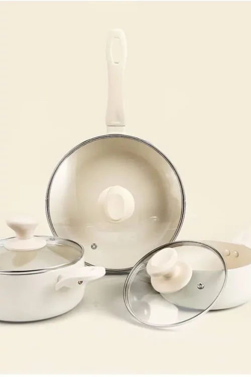 Pots and Pans Set Ultra Nonstick, 6 Piece Kitchen Healthy Ceramic Cream/6-Piece