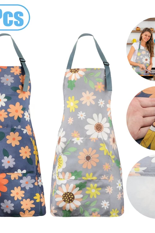 2Pcs Floral Kitchen Apron with Pocket for Women Men Chef Cooking BBQ Adjustable